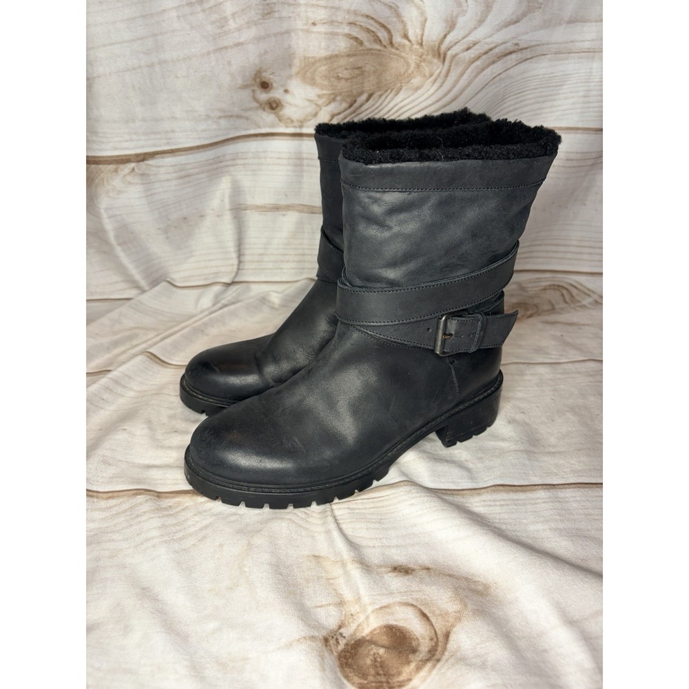 Ross & Snow Italy Black Leather Shearling Lined‎ Moto Boots Lug Sole Women's 8